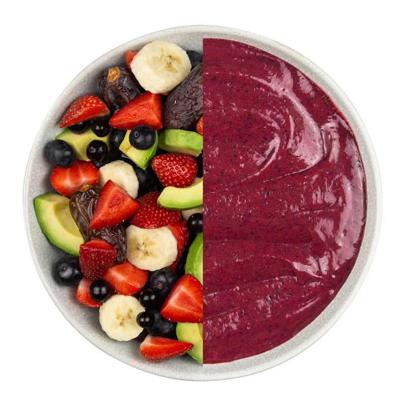 Acai, blended with avocado, banana, strawberry and blackcurrant with some added dates for natural sweetness