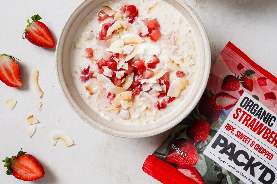 PACK'D's 10 minute strawberry and coconut morning oats