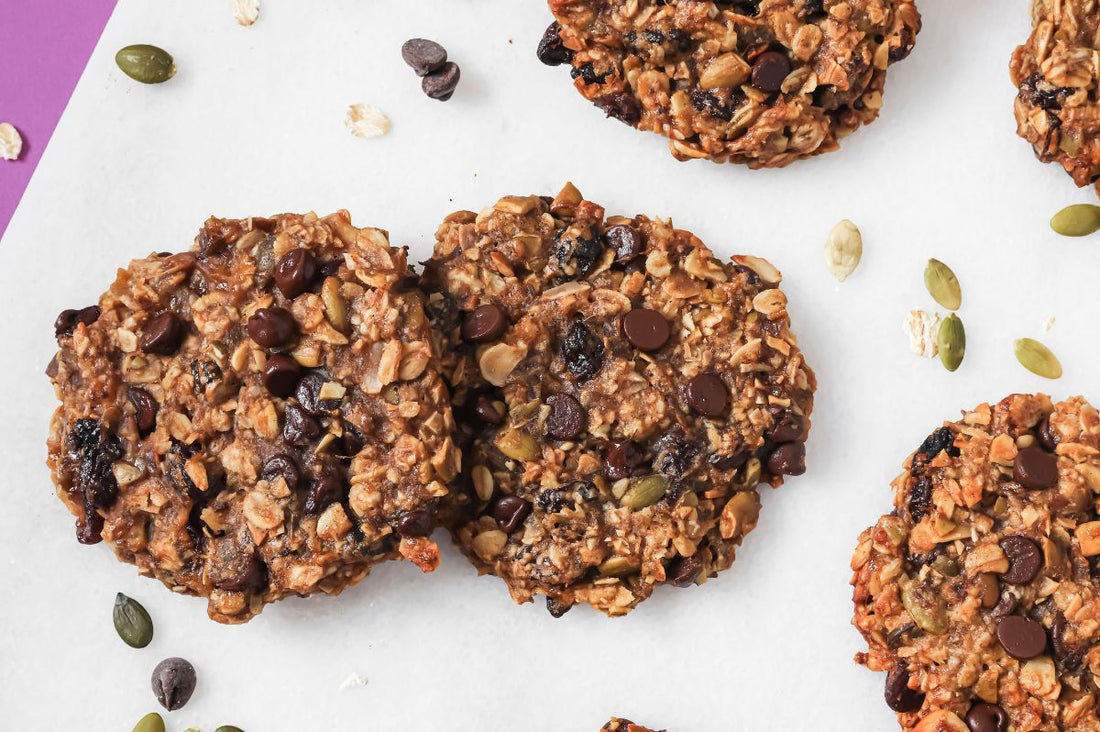 PACKD healthy banana oat cookies laid out on a table