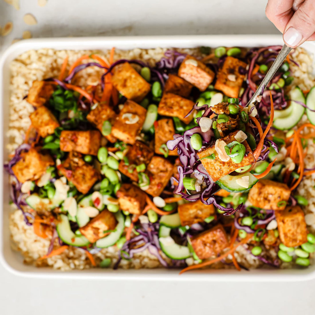 Sesame Garlic Tofu Cauliflower Rice Traybake