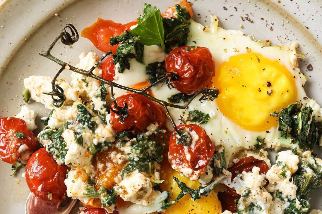 5 Ingredient Tomato Feta Eggs Traybake plated and ready to eat