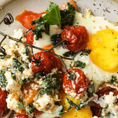 5 Ingredient Tomato Feta Eggs Traybake plated and ready to eat