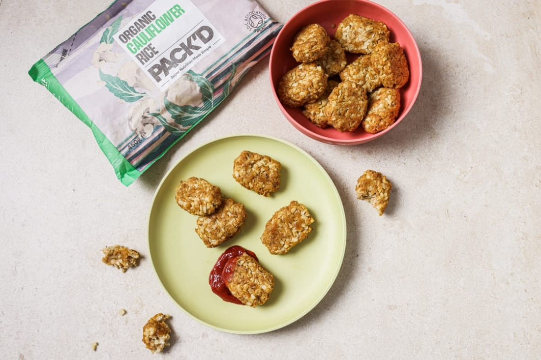PACK'D Roasted Cheesy Cauliflower Nuggets in a bowl and on a plate