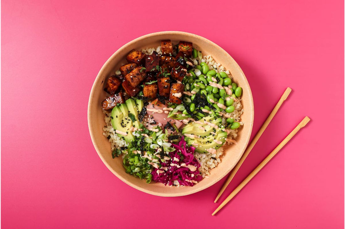 PACKD Vegan Poke Bowl viewed from above with chop sticks set to one side