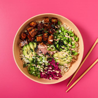 PACKD Vegan Poke Bowl viewed from above with chop sticks set to one side