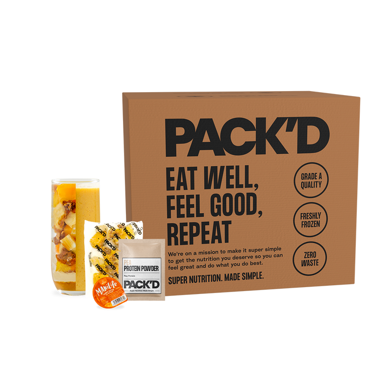 PACKD peanut butter tropical protein smoothies trade case
