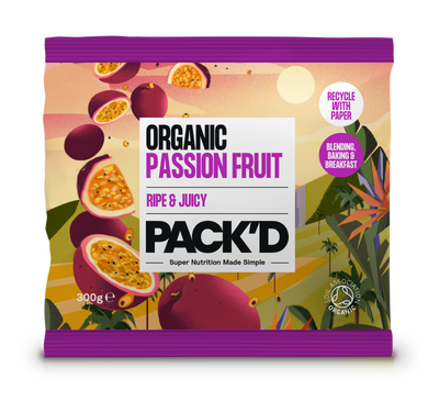 Pack'd organic passion fruit packaging with colorful design and branding.