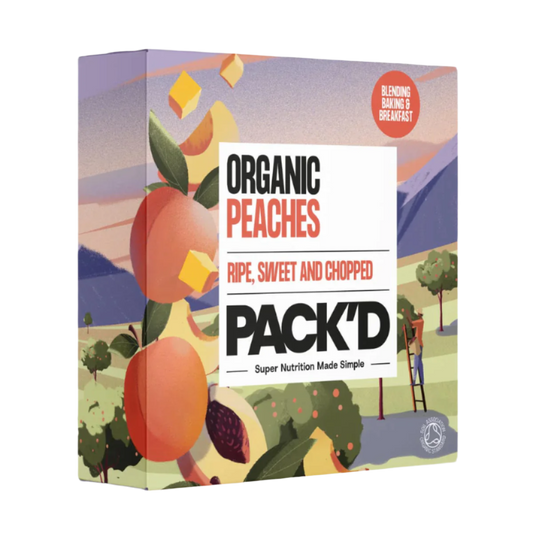 Pack'd organic peaches packaging with colorful design and text