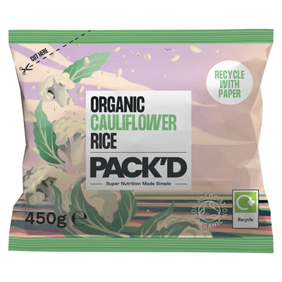 PACK'D organic cauliflower rice in recyclable paper packaging
