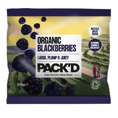 Pack'd organic blackberries packaging with blackberries and people in the background