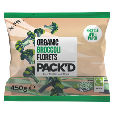 PACK'D Organic Brocolli Florets 450g in recyclable packaging