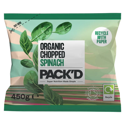 PACK'D organic chopped spinach in recyclable paper packaging