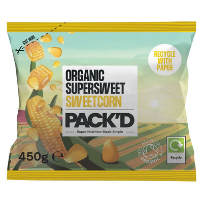 PACK'D organic supersweet sweetcorn pack shot in recyclable paper packaging