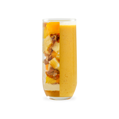 PACK'D Peanut butter tropical protein smoothie kit, glass half fruit and half smoothie
