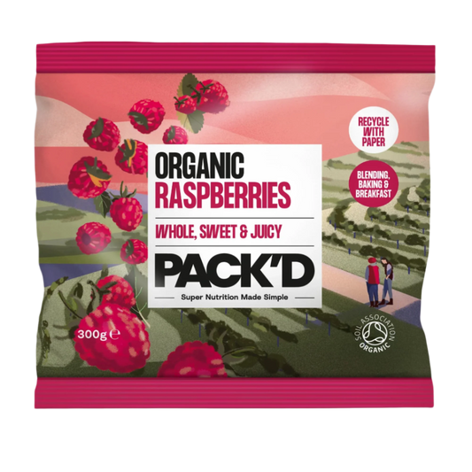 Pack'd organic raspberries packaging with raspberry illustrations and text.