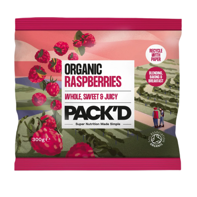 Pack'd organic raspberries packaging with raspberry illustrations and text.