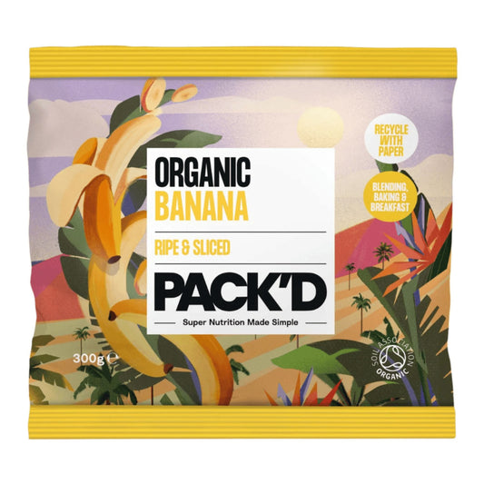 PACK'D organic sliced banana packaging with colourful design and branding.