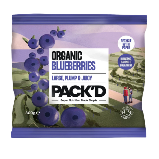 Pack'd organic blueberries packaging with blueberries and people on a path design.