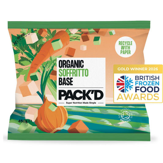 Organic soffritto base with British Frozen Foods Gold Award 2026 badgeround